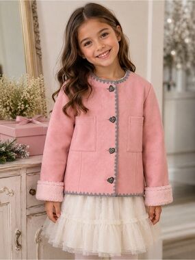 Girls Pink Faux Suede Sherpa Jacket Heart Button Coat Size 130 7 8Y